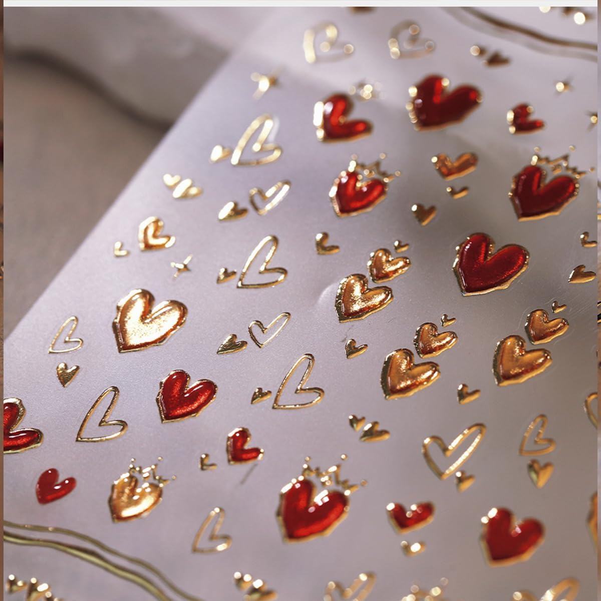 5D Embossed Heart Nail Stickers for Art - Gold Red Self-Adhesive Valentine's Day Decals - Golden Design for Women - Nail Supplies Decorations Accessories