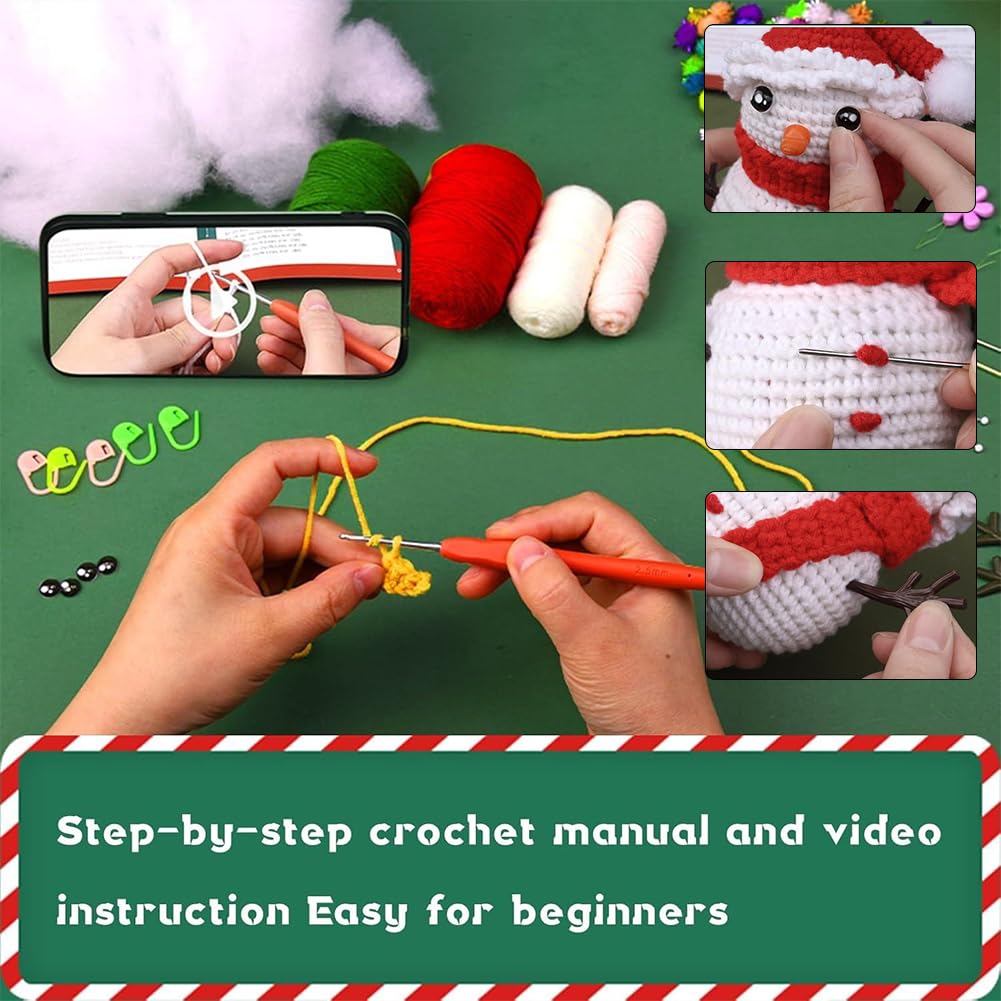 SUNNYCLUE Christmas Crochet Kits Crochet Beginner Kit Winter Xmas Snowman Crochet Starter Kits Step-By-Step Video Tutorials Instruction Crochet Kit for Beginners Adults Women Holiday DIY Craft Gifts - Image 4