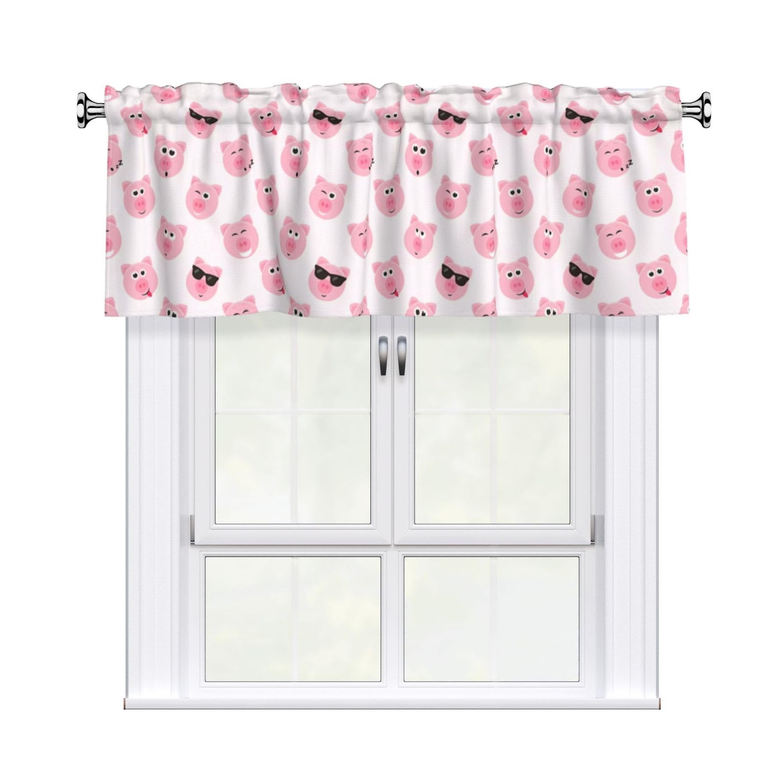 HJFCZH WHJSSF Funny Pink Pig Face Prints 54x18in Curtain Valance - Peach Skin Polyester Kitchen Cover with Light Filtering Floral & 3" Rod Pocket