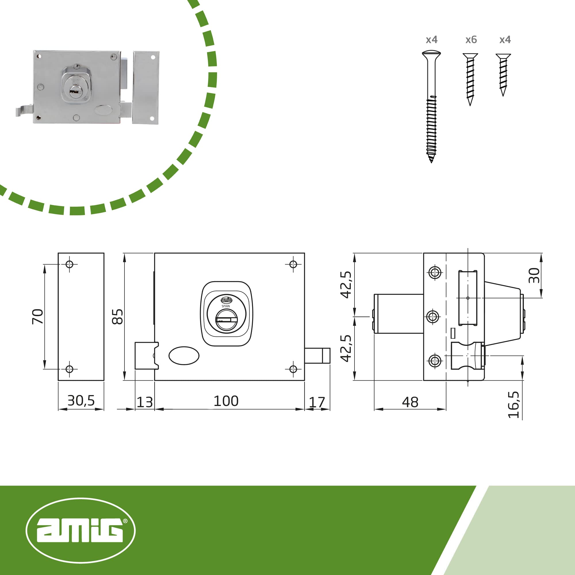 Serratura A Sovrapposizione AMIG Mod. 72 PU - Per Porte Legno, 80x95mm, Acciaio Dorato - Foto 3
