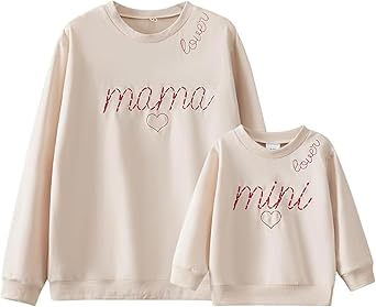 Mommy and Me Letter Bow Print Pullover Tops Mama and Mini Family Matching Outfits Fall Sweatshirt Clothes