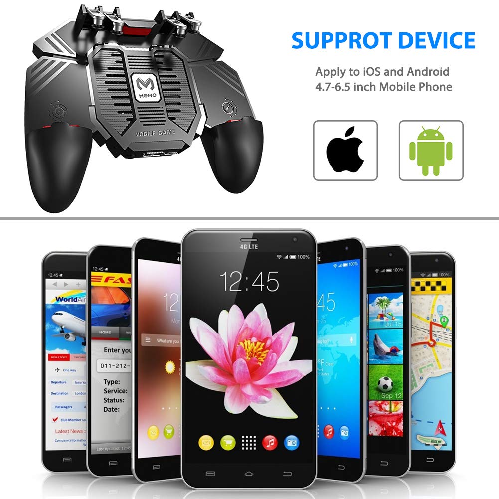 4 Trigger Mobile Game Controller with Cooling Fan, 4000mAh Gamepad for 4.7-6.5" iOS Android Phone L1R1 L2R2 Triggers Game Joystick 6 Fingers Mode USB Charge for PUBG/Call of Duty/Fotnite