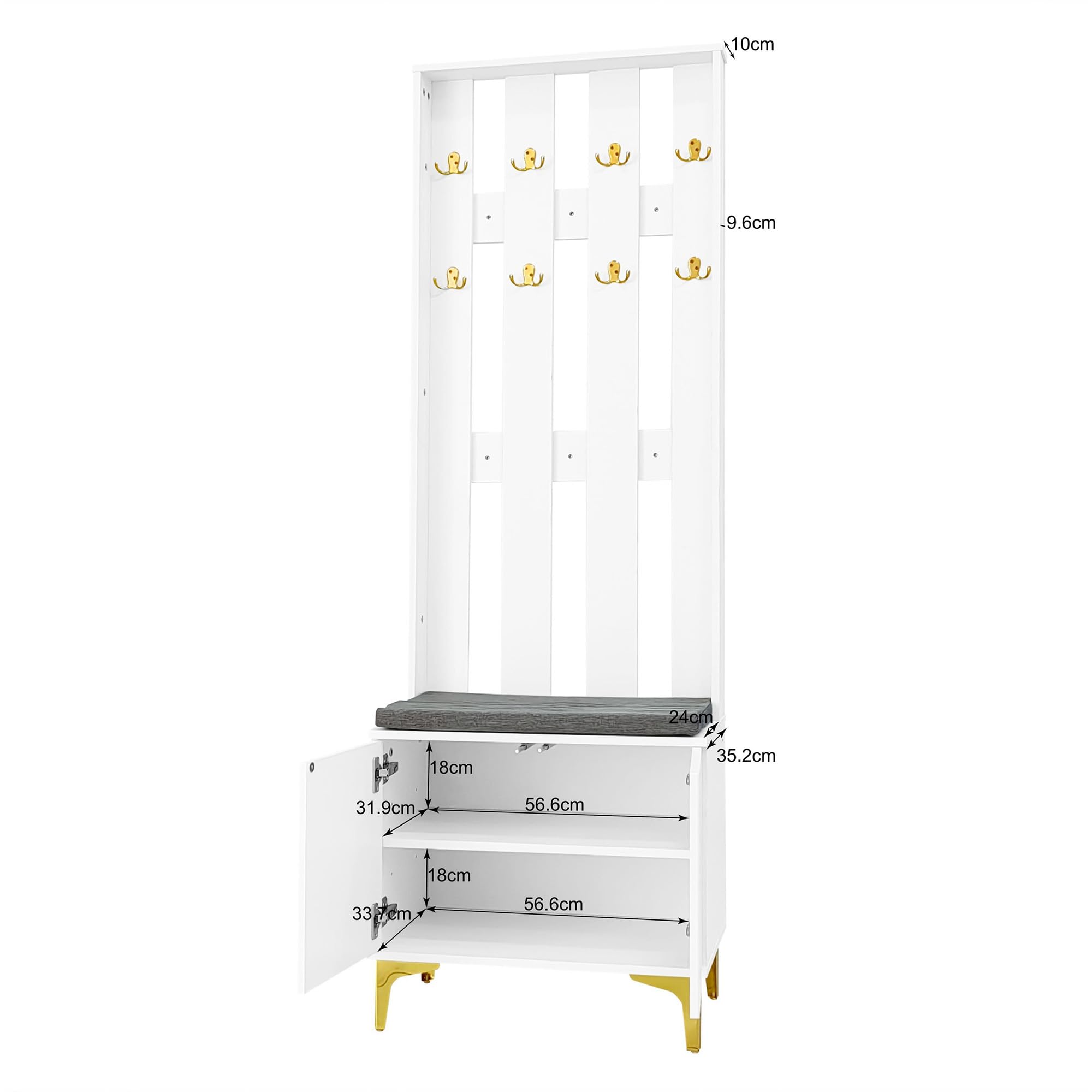 Merax Garderobe, Ensemble de vestiaire moderne avec banc et coussin, vestiaire avec étagère à chaussures pour couloir, 60,5 L x 180,5 H x 35,2 B cm, Blanc