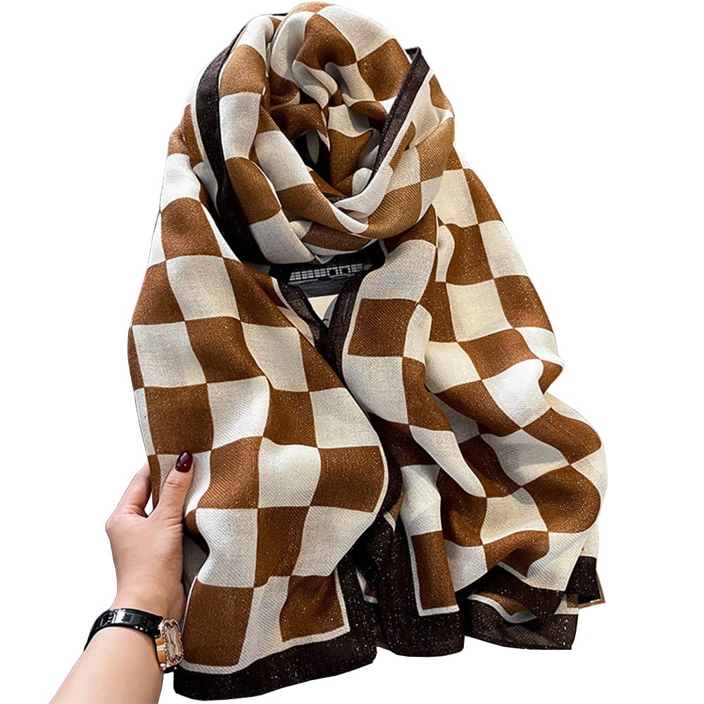 First Choose Women's Brown-Square Cotton Linen Feeling Large Long Scarf Shawl Check Style Sunscreen Shawls Wraps Lightweight Pattern, Large