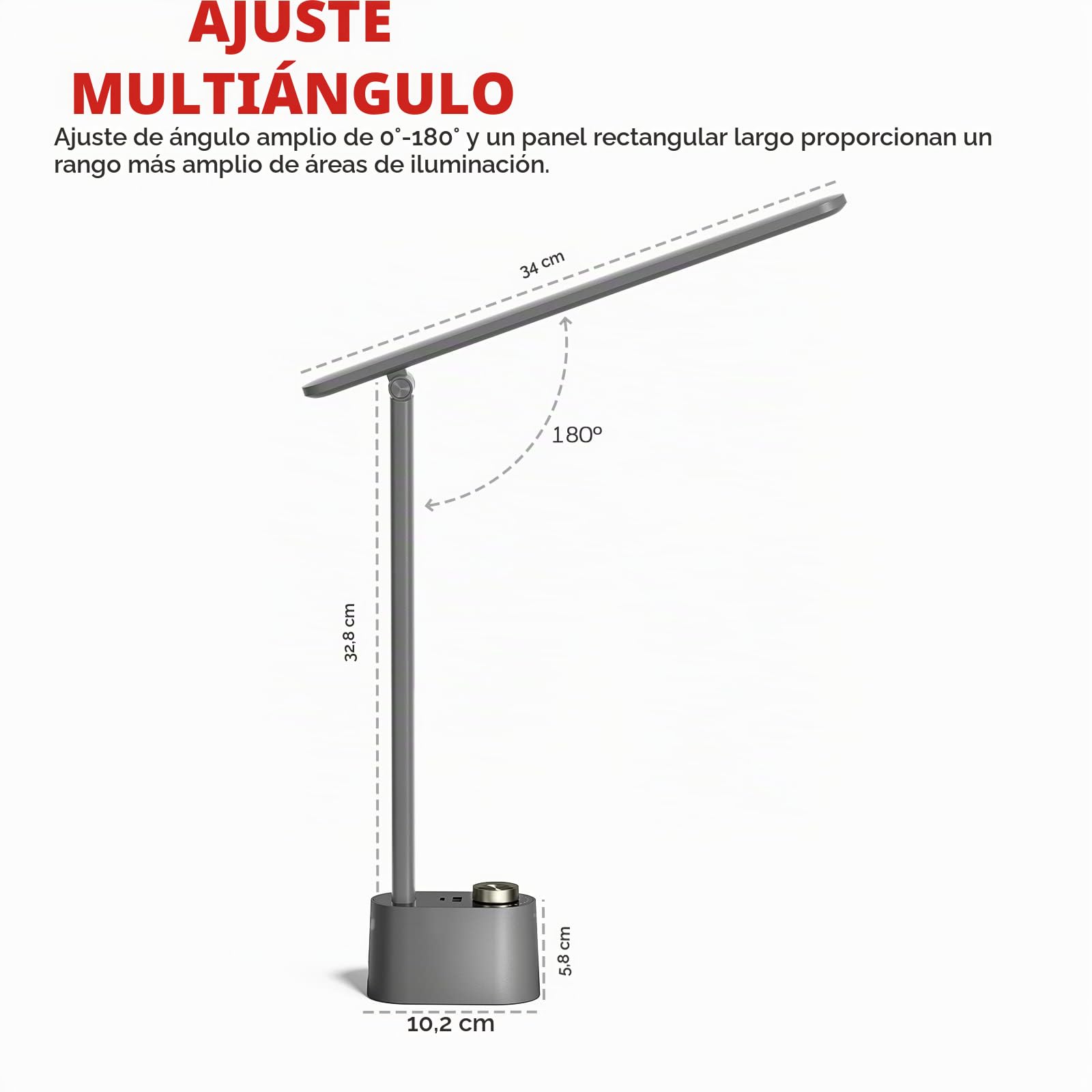 Honeywell Lámpara de Escritorio, Lámparas de Escritorio Grises para Oficina | Lámpara LED de escritorio plegable con cargador USB-C/A, RG0, CRI95, regulación continua 10-100%, 3 temp. (3000K-5000K).