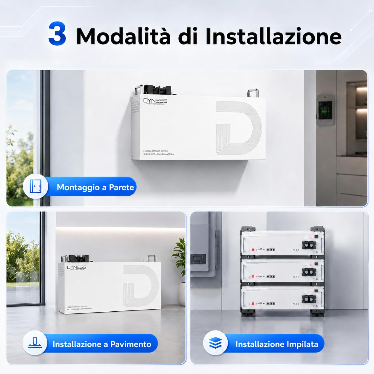 Dyness 24V 100Ah Batterie LiFePO4 con Bluetooth, BMS100A, 6000 Cicli Profondi, Supporto CAN & RS485, Batteria Solare al Litio Ferrofosfato da 2,56kWh per Impianto Solare Completo, Sistema Fotovoltaico