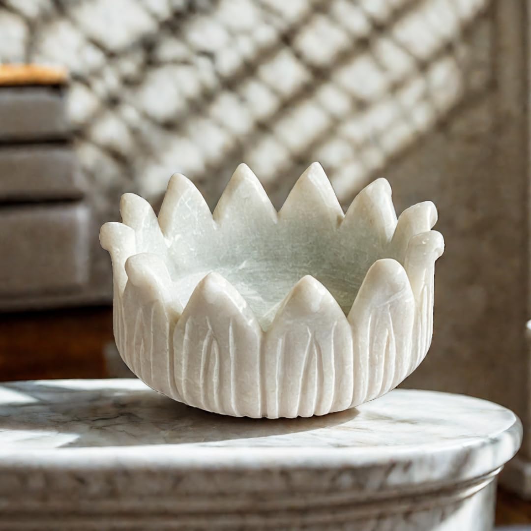 Rameshwaram Marble® 6-Inch White Marble Bowl | Handcrafted Decorative Flower Urli | Home Decor, Pooja Room & Center Table | Multipurpose Fruit Bowl, Candle Holder | Ideal Gift for Festive & Wedding