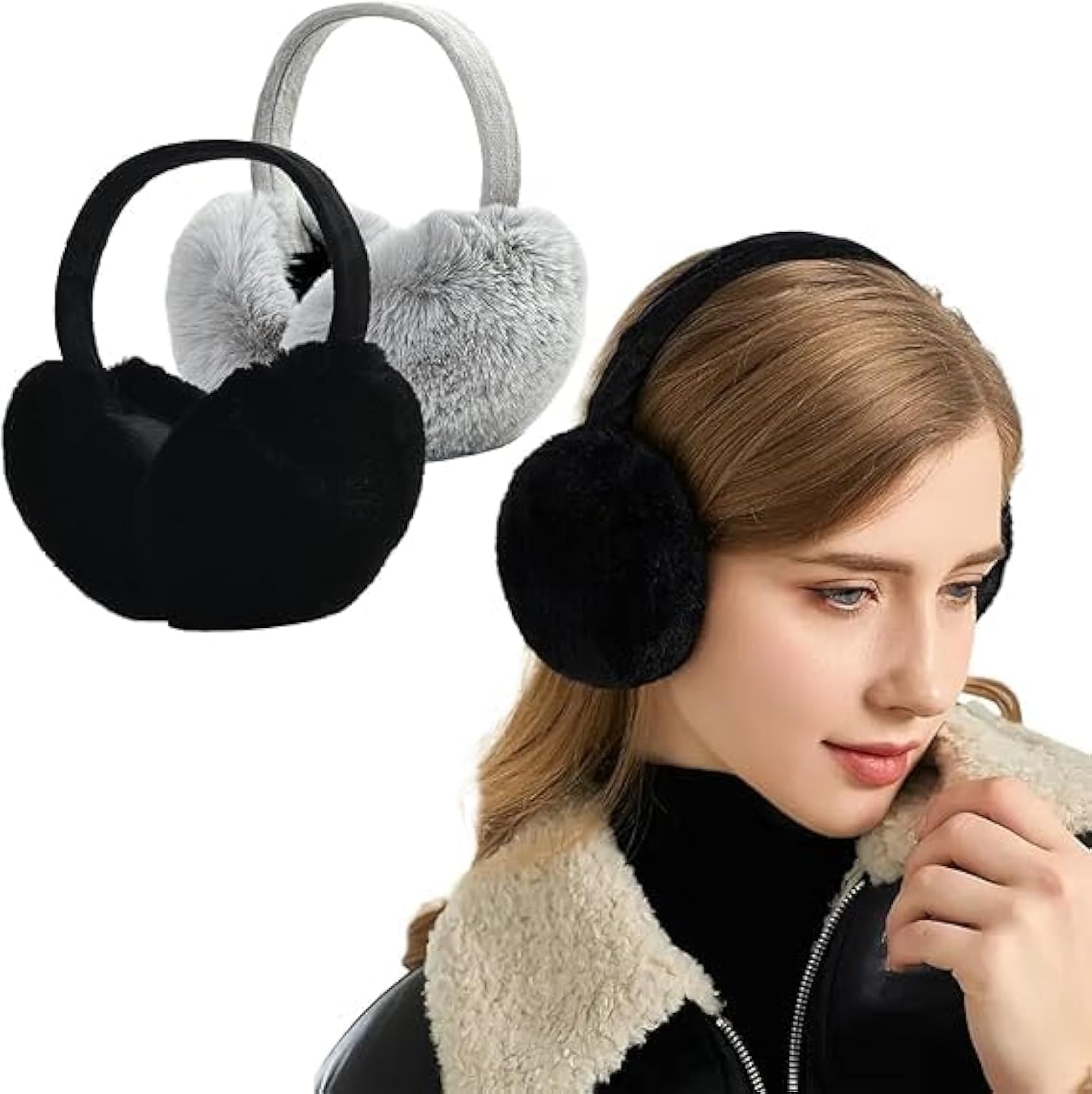 Ear Muffs For Winter Women, Earmuffs Adjustable Faux Fur Ear Muffs Fuzzy Warm Earmuffs, Foldable headband, Fashionable and Versatile, Suitable for various winter activities (2 Pack)