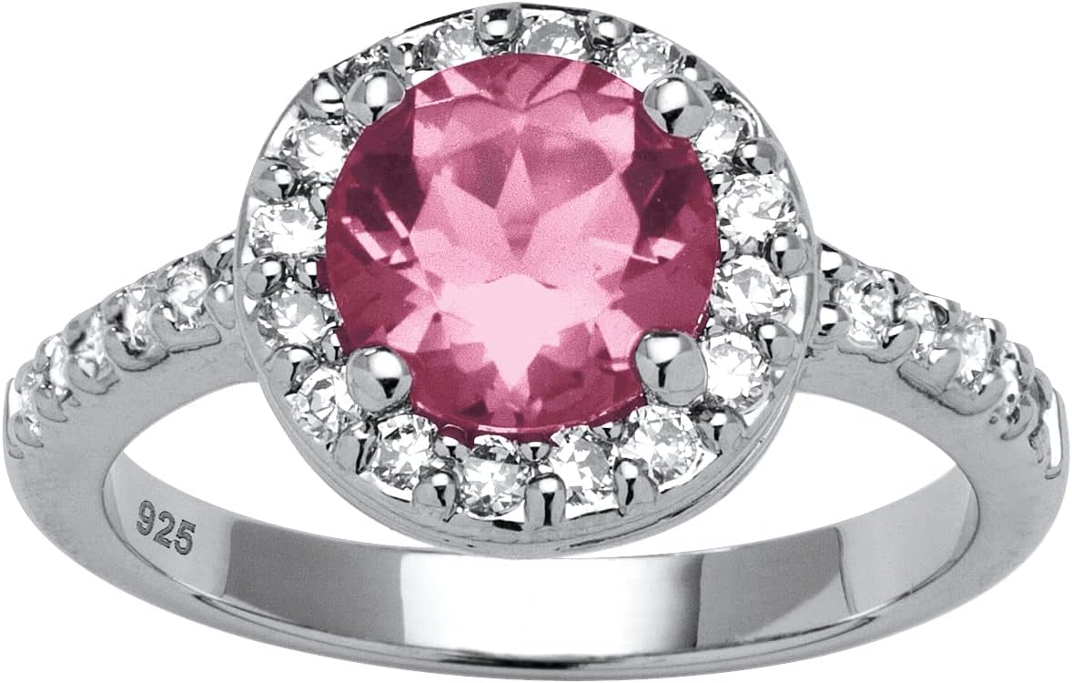 PalmBeach Sterling Silver Round Simulated Birthstone and Round Cubic Zirconia Halo Ring Sizes 5-10