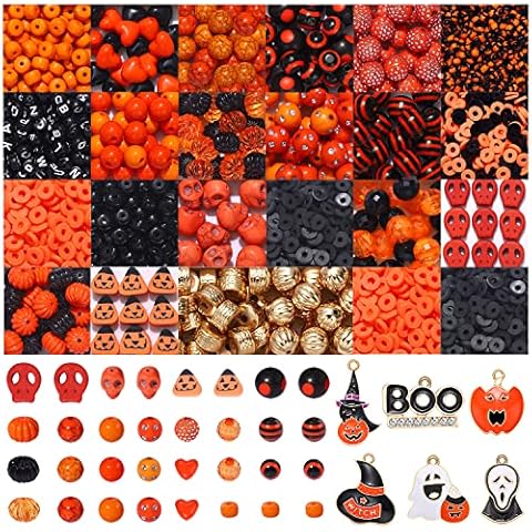 HSWE 1941PCS+ Halloween Beads for Jewelry Making Orange Black Pumpkin Skull Polymer Clay Letter Beads with Boo Spooky Ghost Pumpkin Witch Hat Pendant Accessories for DIY Necklace Bracelets Making Kit Cover