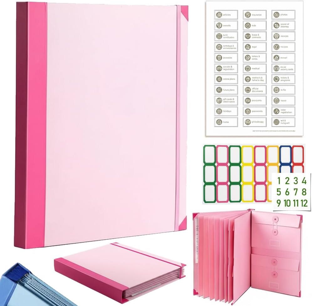 The Life Book Document Organizer - Binder for Important Documents, The Folio in Case I Die Binder, Family Emergency Planner, End of Lifeorganizer Paper File Folio Organizer with Labels(Pink)