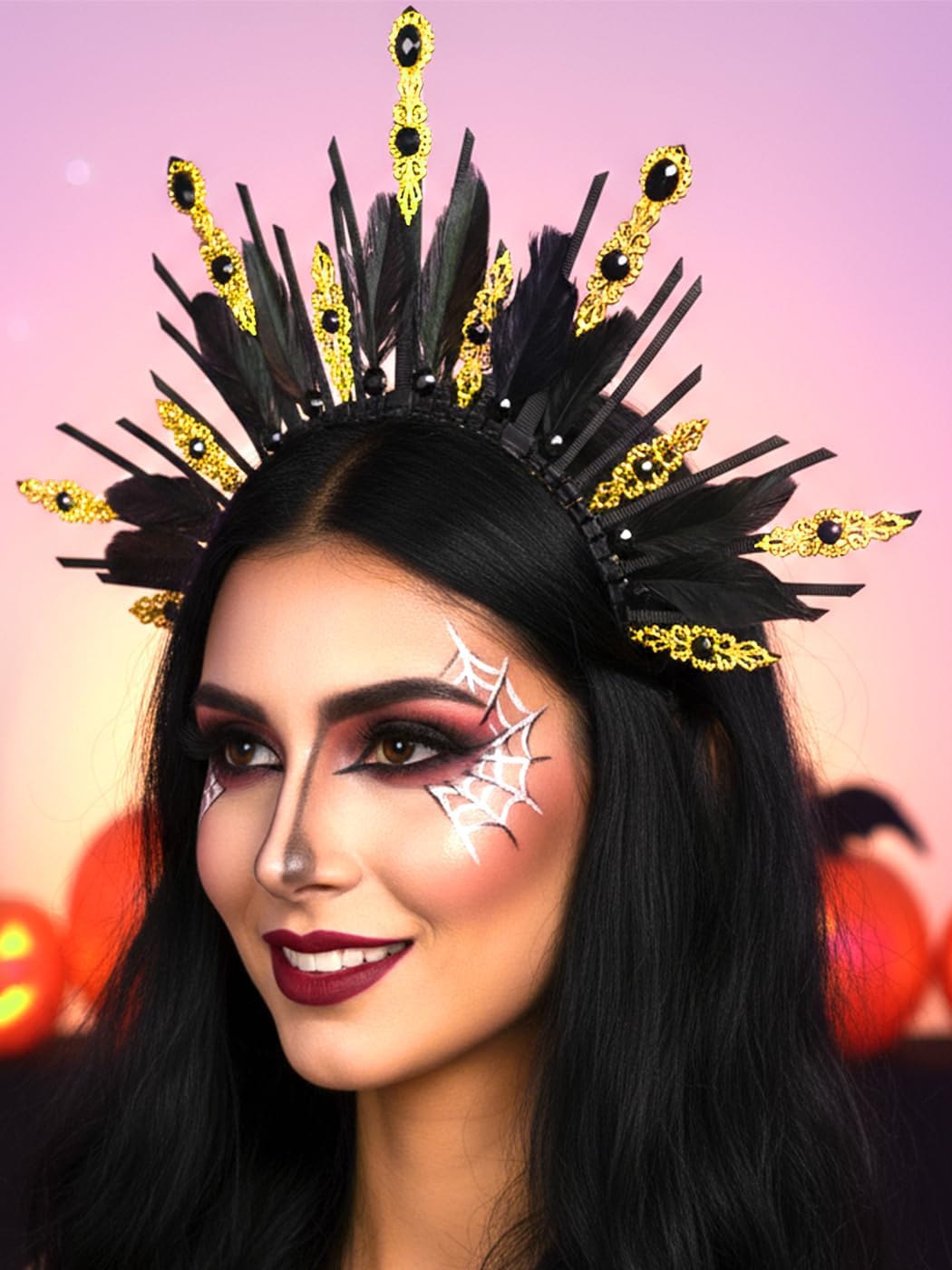 Urieo Halo Crown Headpiece Black Goddess Headband Halloween Cosplay Hair Accessories for Women - Image 5