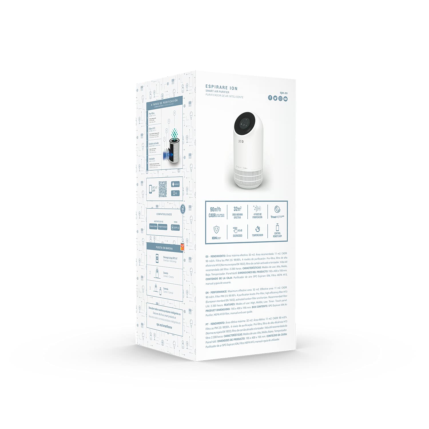 SPC SPIRARE ION Wi-Fi Smart Air oczyszczacz powietrza do 32m2, 4 fazy filtrowania, filtr True HEPA 13, jonizator, super cichy, kompatybilny z asystentami głosowymi