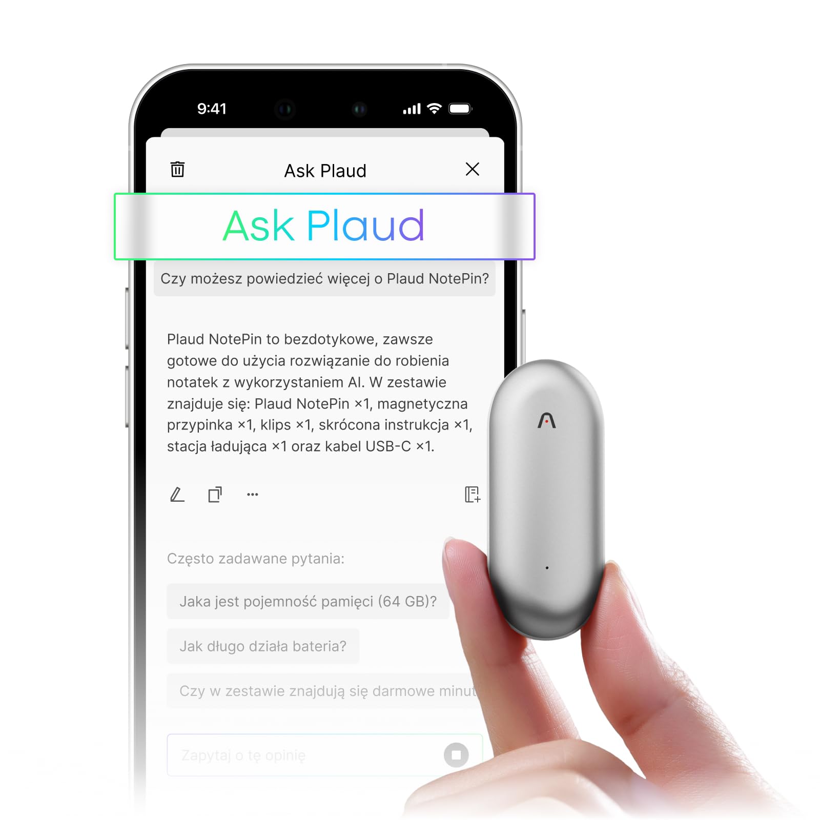 Plaud NotePin Dyktafon AI Wearable Transkrypcja i Podsumowania | Dyktafon AI, 2 Akcesoria, dla Profesjonalistów, Spotkania, Wywiady, Wykłady, Teams, 112 Języków, Find My