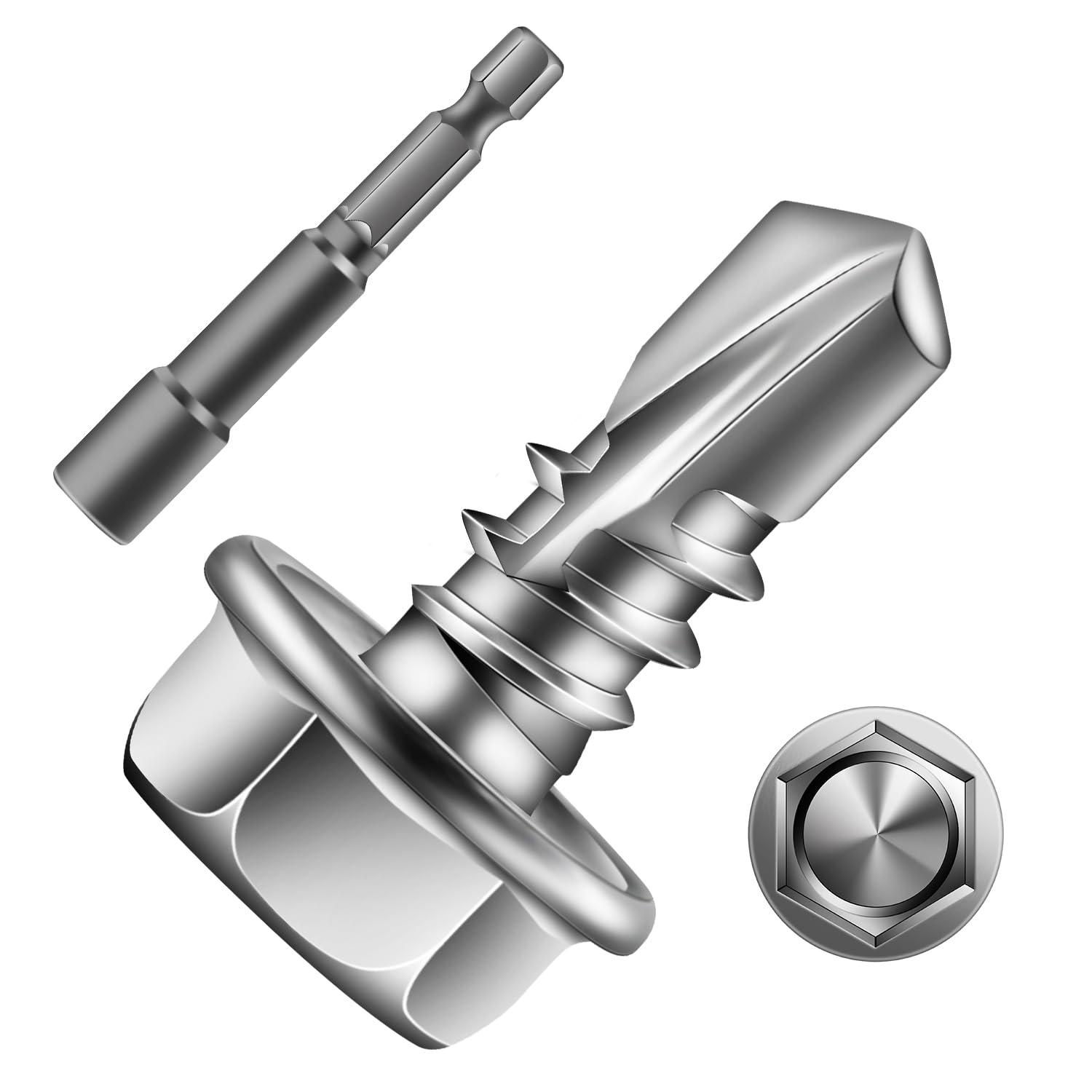 #8 x 1/2" Sheet Metal Screws 100PCS 410 Stainless Steel Hex Washer Head Fast Self Tapping Screws