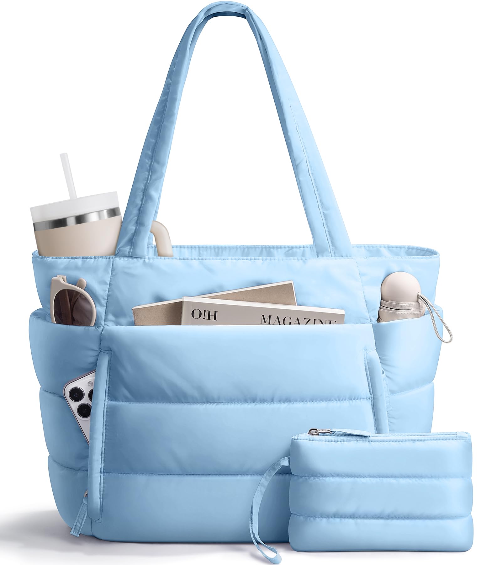 Puffer Tote Bag for Women Lightweight Puffy Work Handbag Teacher Nurse Quilted Shoulder Bag for School Travel Gym
