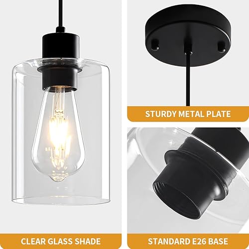 Miniatura 5 de Luces colgantes de cristal para isla de cocina, paquete de 2 unidades, iluminación colgante de cocina negra sobre la isla, lámparas colgantes