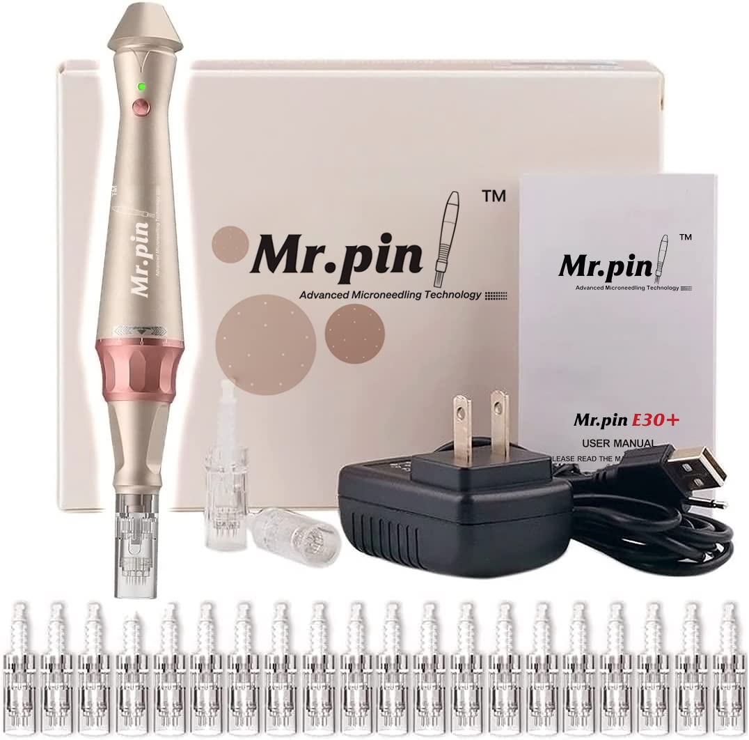Mr.Pin Original Derma Pen E30 Plus - Wireless with 20 pcs Replacement Cartridges Different Sizes - For Skin and Hair Care
