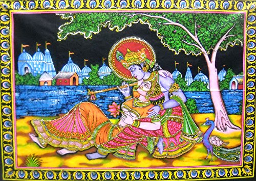 Crafts of India Divine Lovers Radha Krishna sequin cotton Batik Painting 40