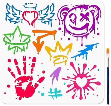 MAYJOYDIY Graffiti Stencil for Painting 11.811.8inch Palm Star Arrow Heart Graffiti Stencil with Paint Brush Reusable Feather Crown Doodle Template for Wood Window DIY Craft Photo Album