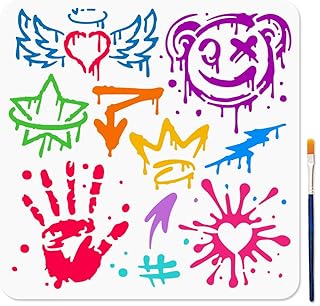 MAYJOYDIY Graffiti Stencil for Painting 11.8×11.8inch Palm Star Arrow Heart Graffiti Stencil with Paint Brush Reusable Feather Crown Doodle Template for Wood Window DIY Craft Photo Album