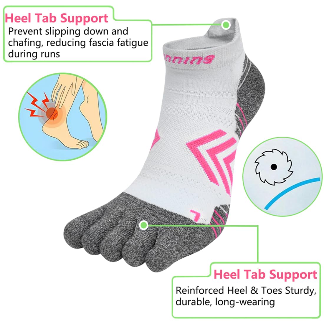 Calcetines de Correr Mujer Algodón Calcetines Cinco Dedos Separados de Deporte Tobilleros Amortiguado Running para Deporte Yoga Viajes - 6 Pares
