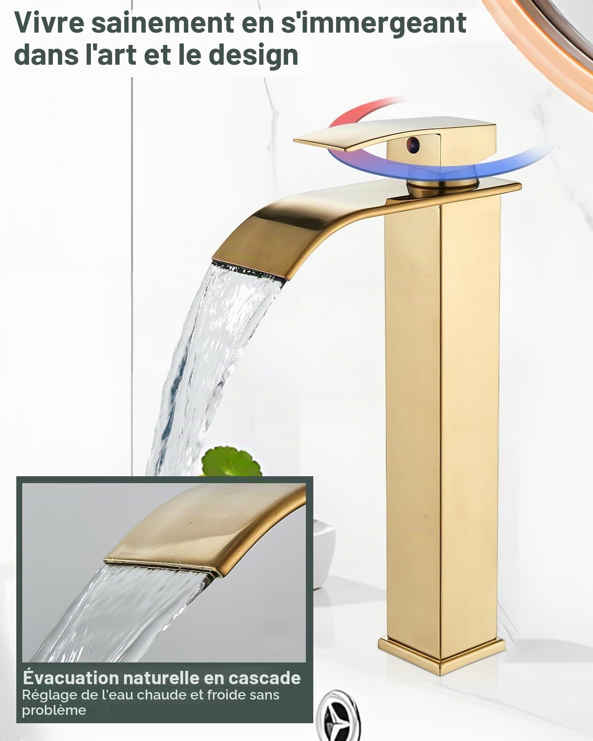 JUNSHENG Robinet de Salle de Bain à Cascade,Robinet Mitigeur de Salle de Bain à Cascade à Trous, Cartouche Céramique, Finition Dorée Brossée