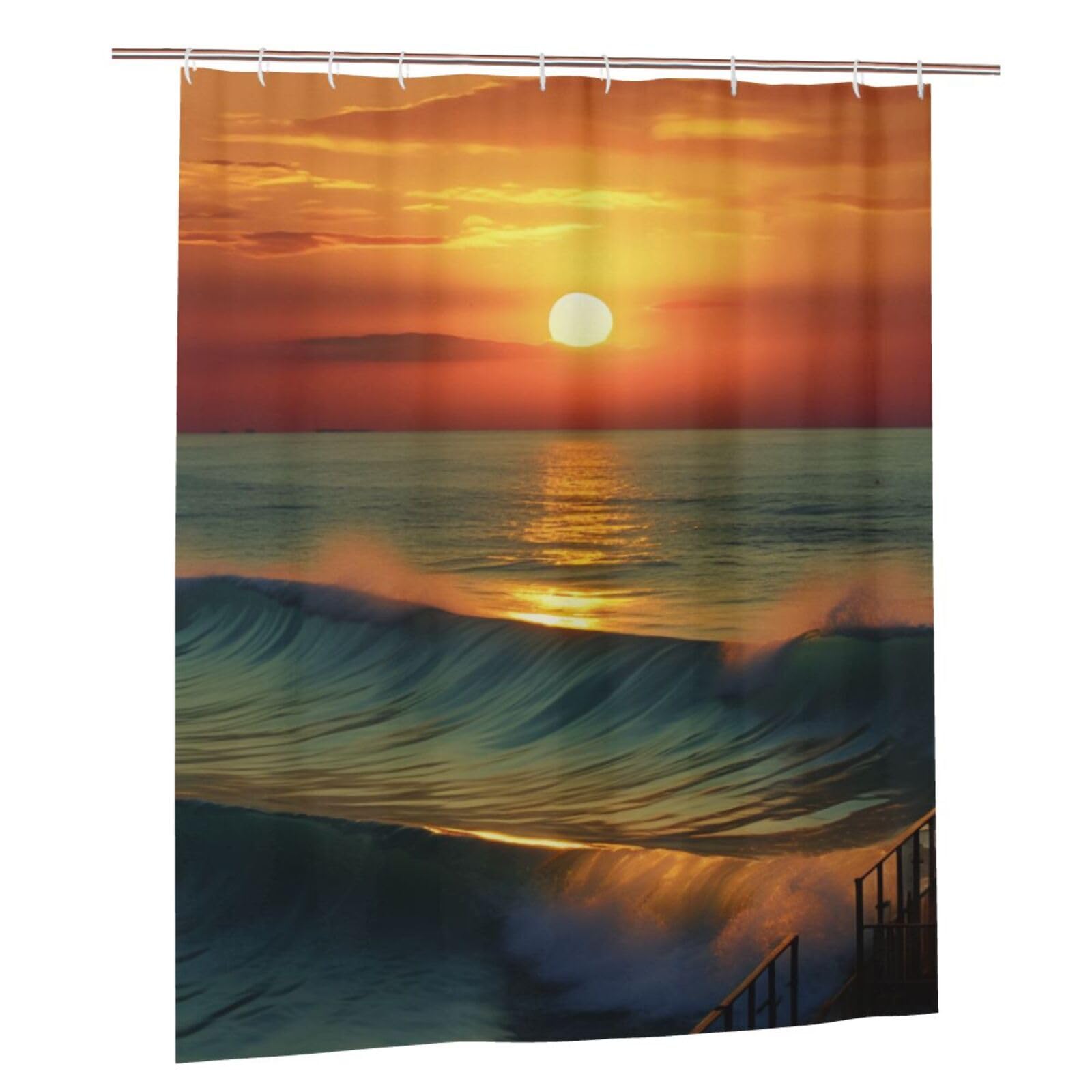 BWWHCCTI Sunset Seaside Printed Shower Curtain With 12 Plastic Hooks Opaque Quick Drying Waterproof Shower Curtains Sets For Bathroom 152x183 Cm