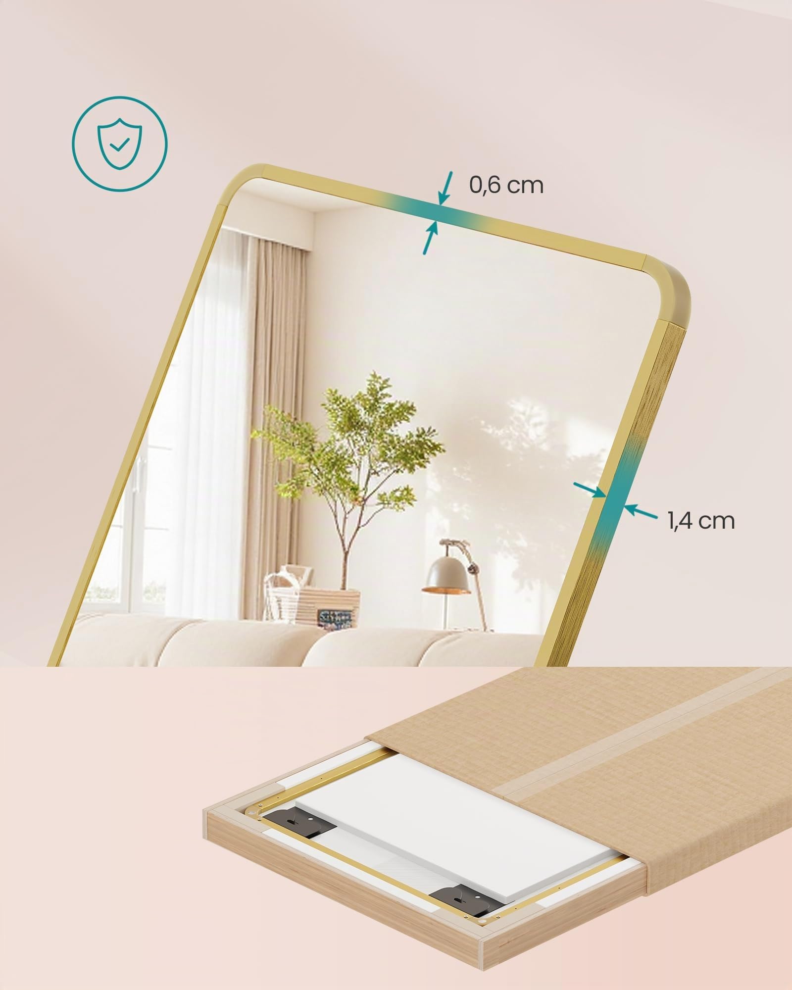 SONGMICS Espejo colgante de longitud completa, 120 x 40 cm, espejo rectangular de cuerpo completo, espejo sobre puerta o pared, vidrio templado, para dormitorio, sala de estar, guardarropa, oro pálido