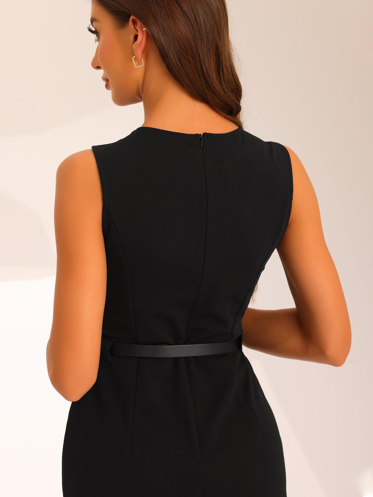 Allegra K Vestido de tubo con cinturón para mujer, cuello redondo, sin mangas, casual, vestidos de oficina
