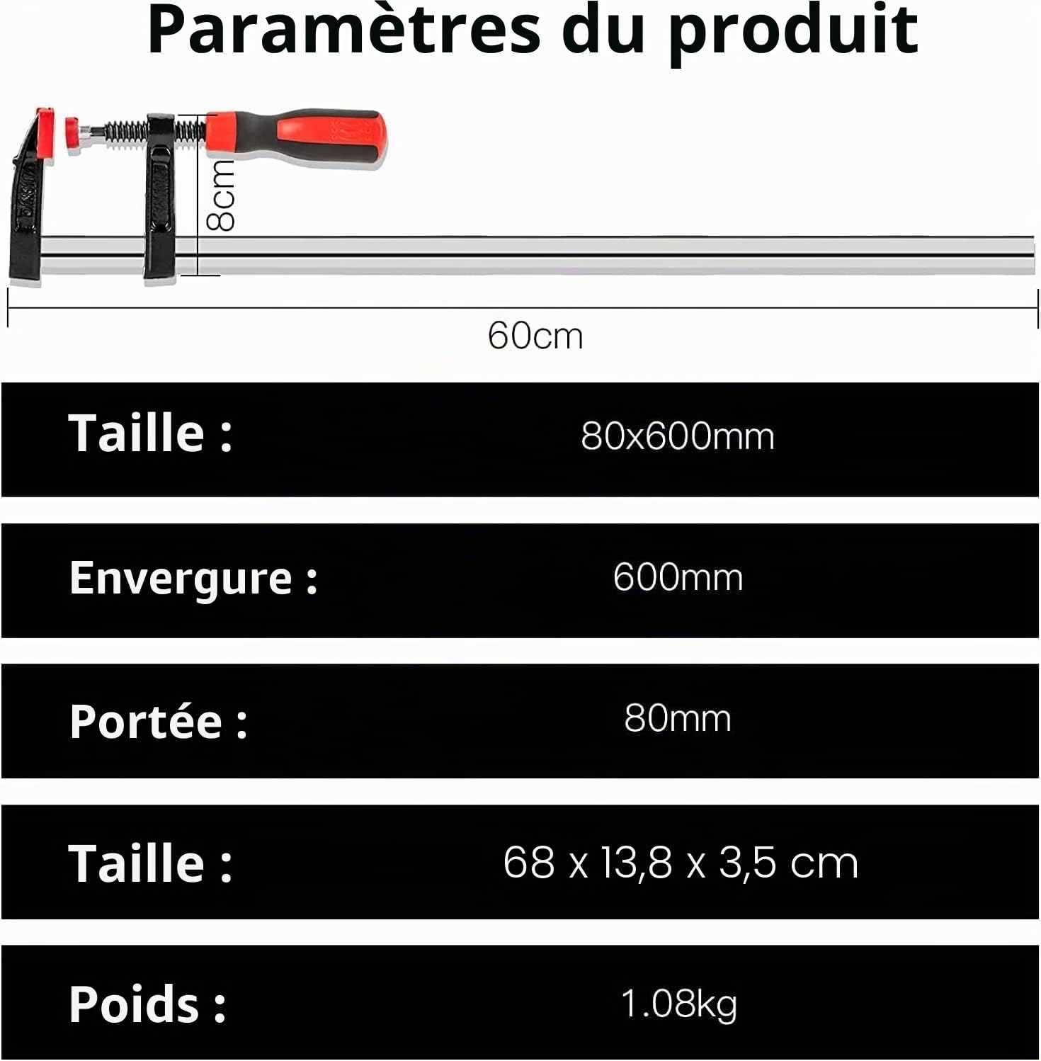 4Pcs Serre joint Menuisier, Serre-Joints à Vis de Bois malléable F Pince à Bois Métallique à Libération Rapide Pince-étau avec poignée pour Travail du bois, des Métaux et DIY 80 * 600mm