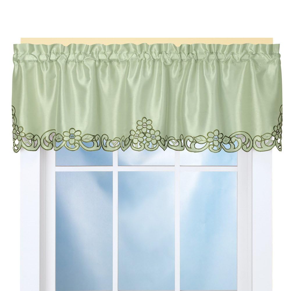 Collections Etc Elegance Scroll Embroidered Cut-Out Window Valance with Rod Pocket Top for Easy Hanging, 58" W x 13" L, Sage