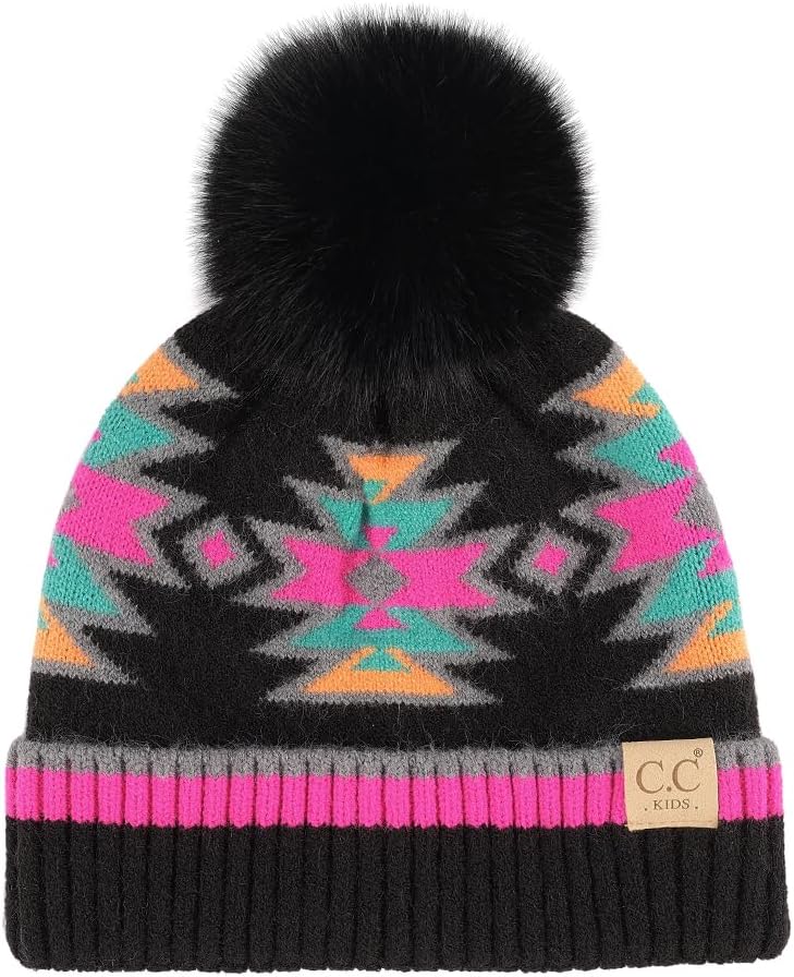 C.C Kids Southwest Pattern Fur Pom Beanie for Boys Girls - Comfortable Soft Warm Children Youth Knit Skully Hat with Faux Pom