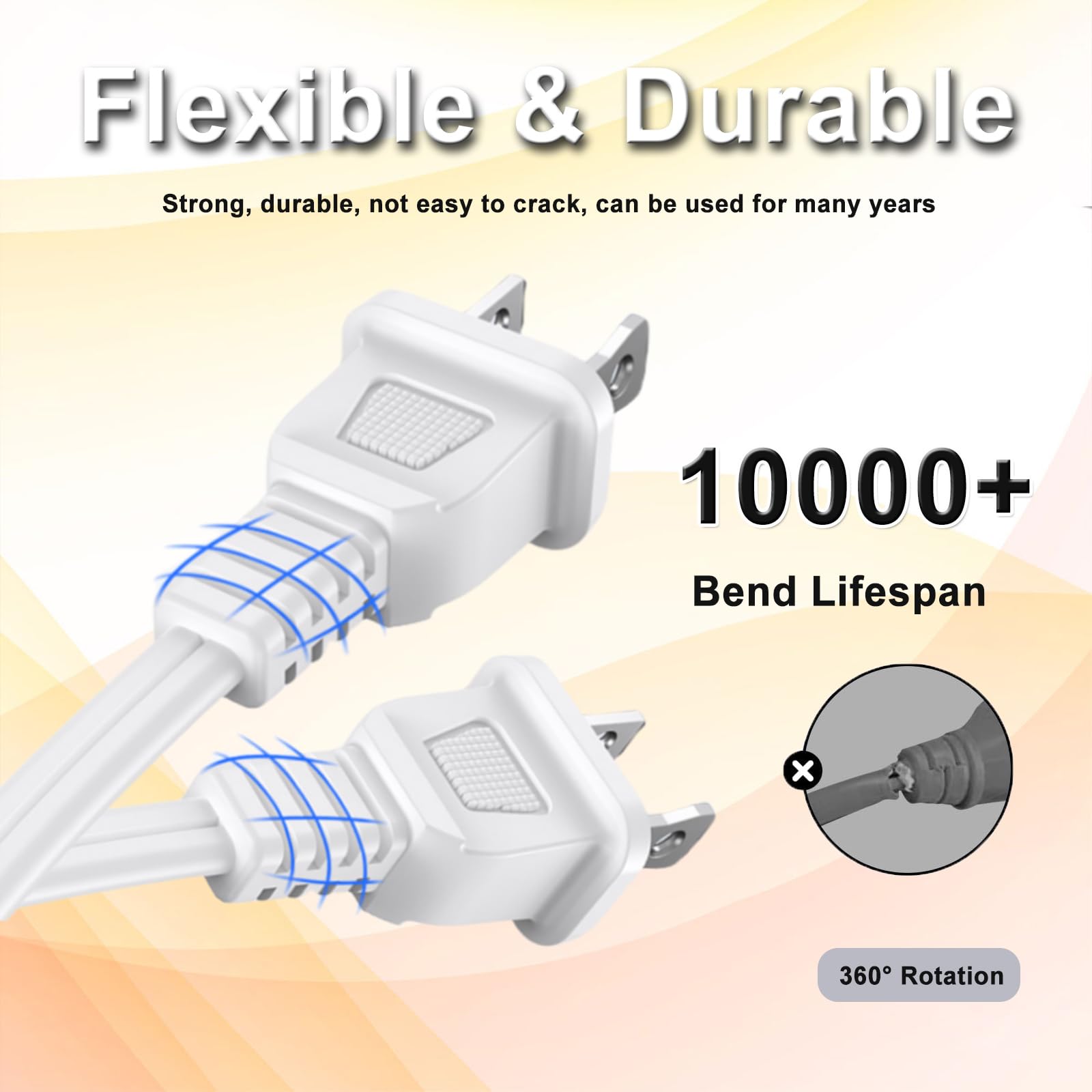2 Foot Short Extension Cord - 16 Gauge 2 Prong White Power Cord For Lamps & Appliances, ETL Certified