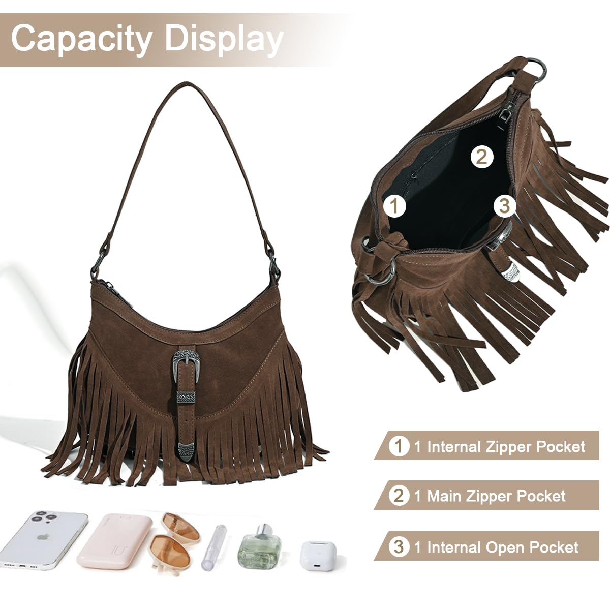Sunwel Fashion Women Western Small Fringe Purse Shoulder Bag Vegan Suede Hippie Crossbody Bag with Tassel (coffee)