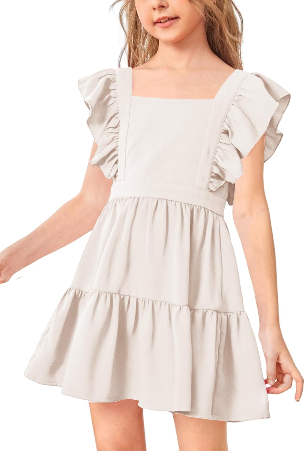 Imily Bela Girls Square Neck Summer Dress Ruffle Sleeve A-line Swing Casual Party Mini Dresses 5-14 Years