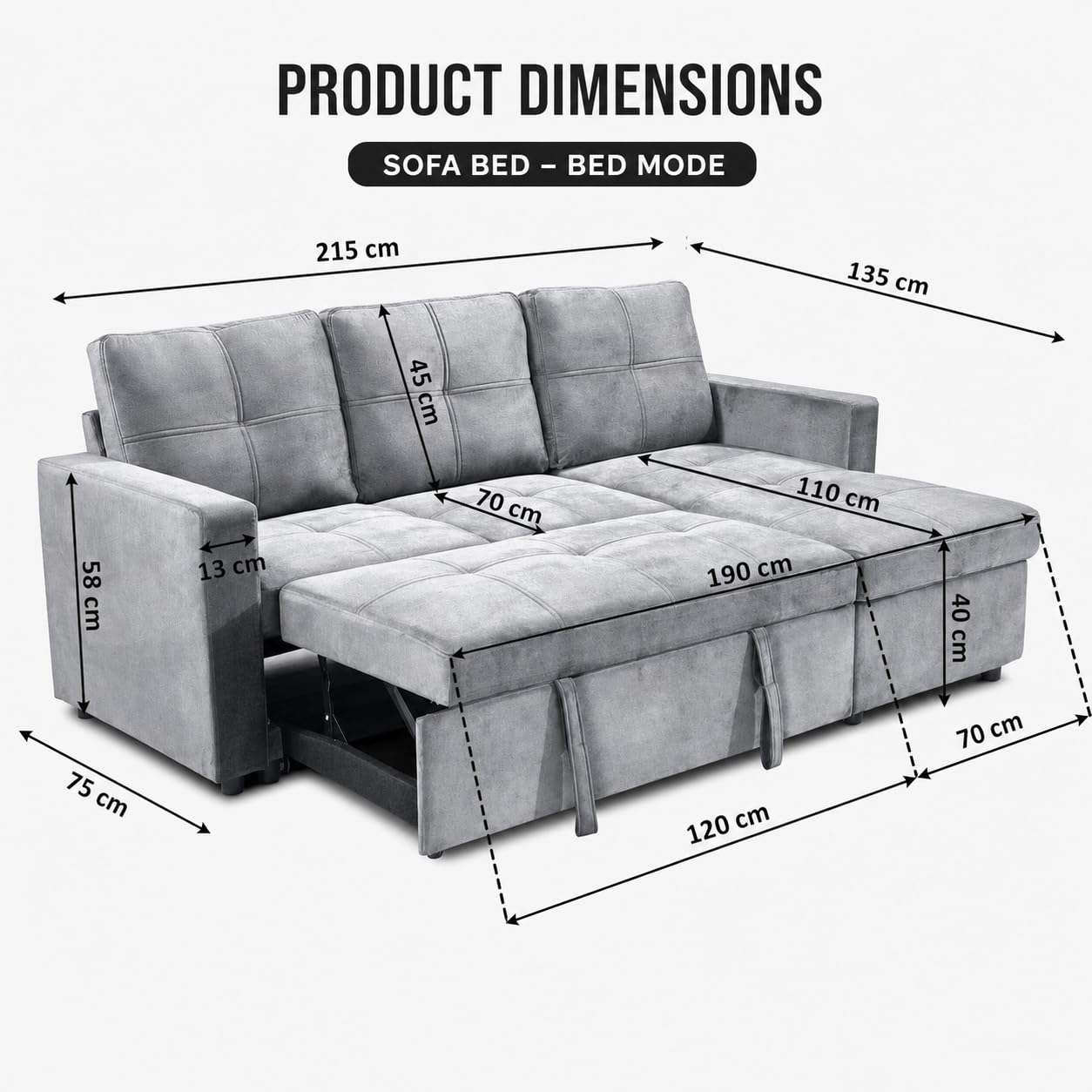 Sofá Cama Chaise Longue BOGA 3 Plazas Gris Terciopelo 215 x 135 cm - Cheslong Reversible con Arcón y Almacenamiento - Sistema de Arrastre - Tapizado Suave - Armazón Pino Macizo - Salón
