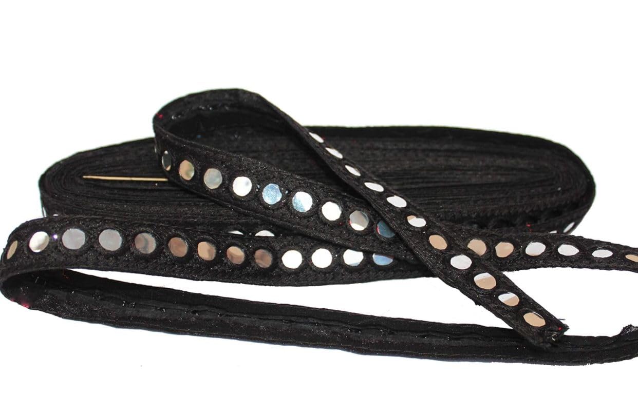 RAMya ENTERPRISERAMya ENTERPRISE 9 Meter Mirror Effect Fabric Cloth Lace for Decoraing Any Outfit Borders Like Salwar Kurta Blouse Sherwani duppatas to enrich Your Attire (Black)