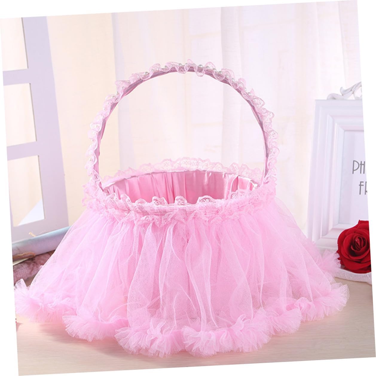 Tofficu Wedding Scatter Flower Basket Pink Lace Petal Storage Basket for Wedding Ceremony and Party Supplies