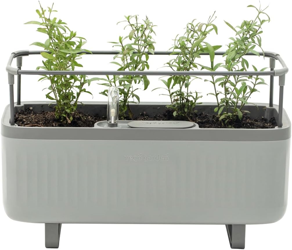 Vego Garden Herb Indoor Plant Box, Self Watering Planters Pots for Indoor Plants with Trellis for Kitchen Window Sill or Countertop Plants Cage - Fog Gray