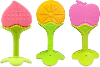GLUN Infant Silicone Baby Teething Fruit Shape Toy for 0-12 Months, 3 Piece Bpa Free Silicone Soothing Teether Soft & Safe...