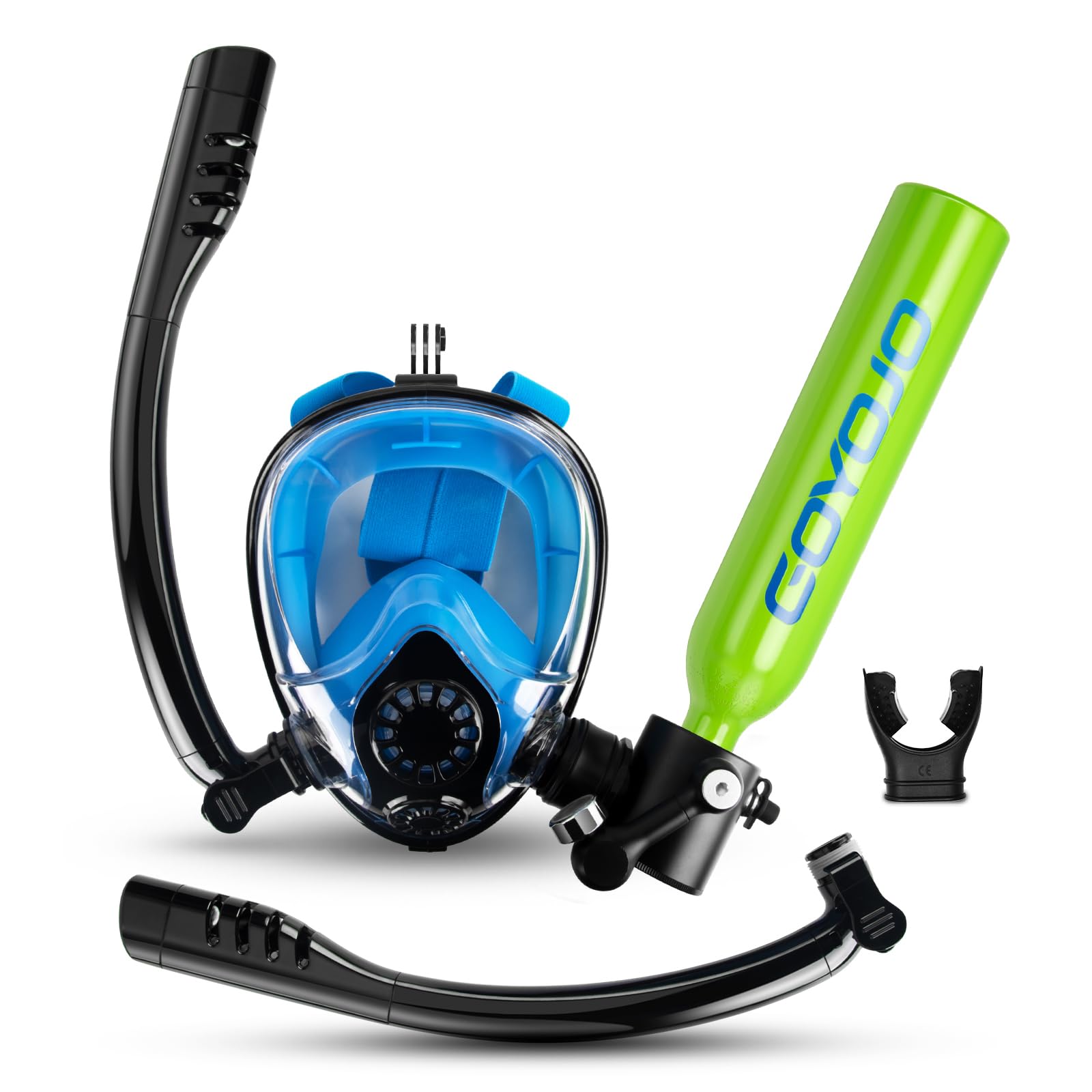 GOYOJO Scuba Tank and Snorkel Mask Combo, 0.5L Green Portable Mini Diving Oxygen Cylinder with 5-10 Mins of Underwater Breathing, Full-face Diving Mask, Underwater Breath System