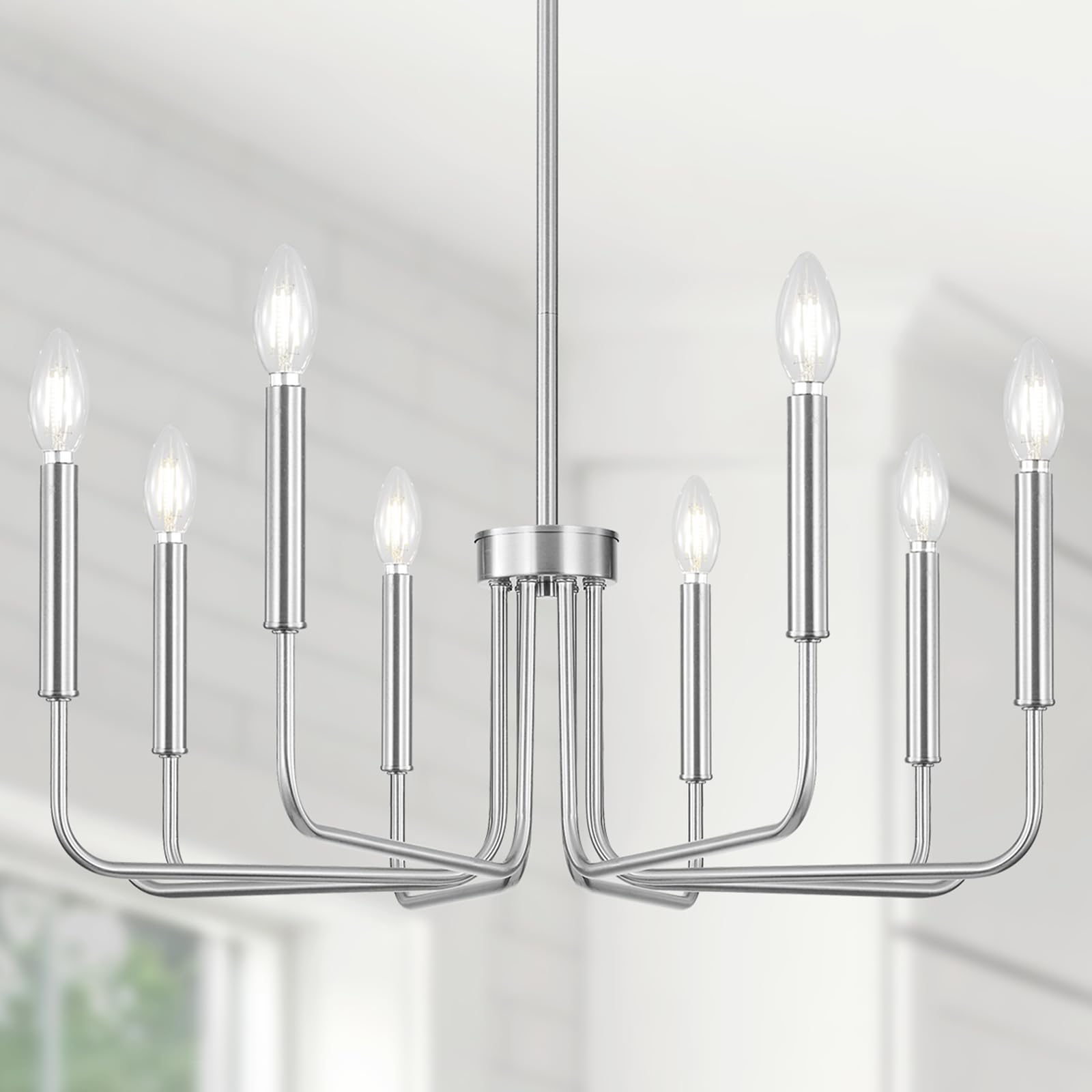 Yunnix 8 Light Brushed Nickel Chandelier, Farmhouse Chandelier for Dining Room Light Fixture Hanging, UL Listed Industrial Modern Chandelier for Bedroom, Kitchen, Living Room, No Assembly Required