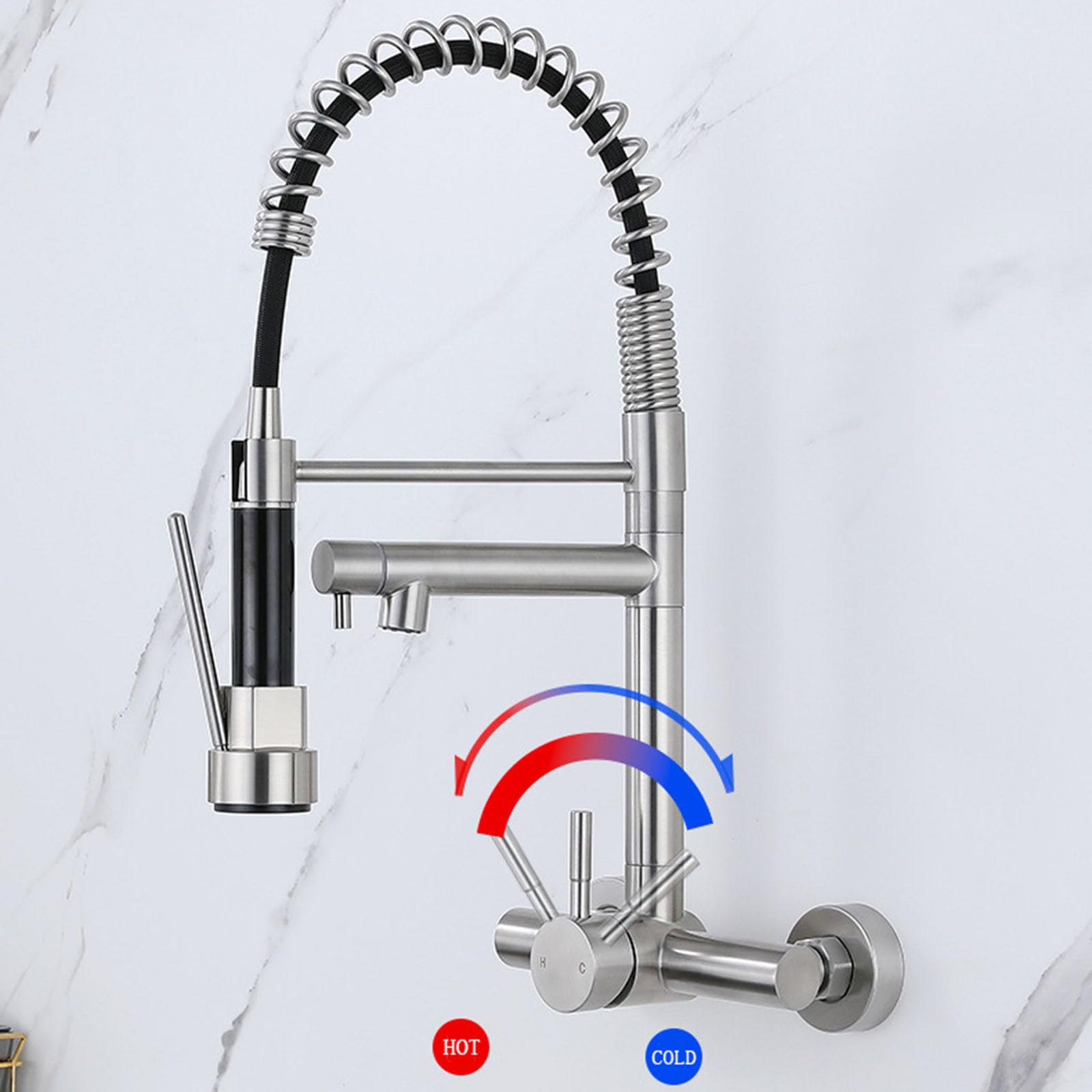 Grifo Cocina Extraible Muelle Grifo Fregadero de Pared Monomando de 15 cm de Acero Inoxidable,Cepillado