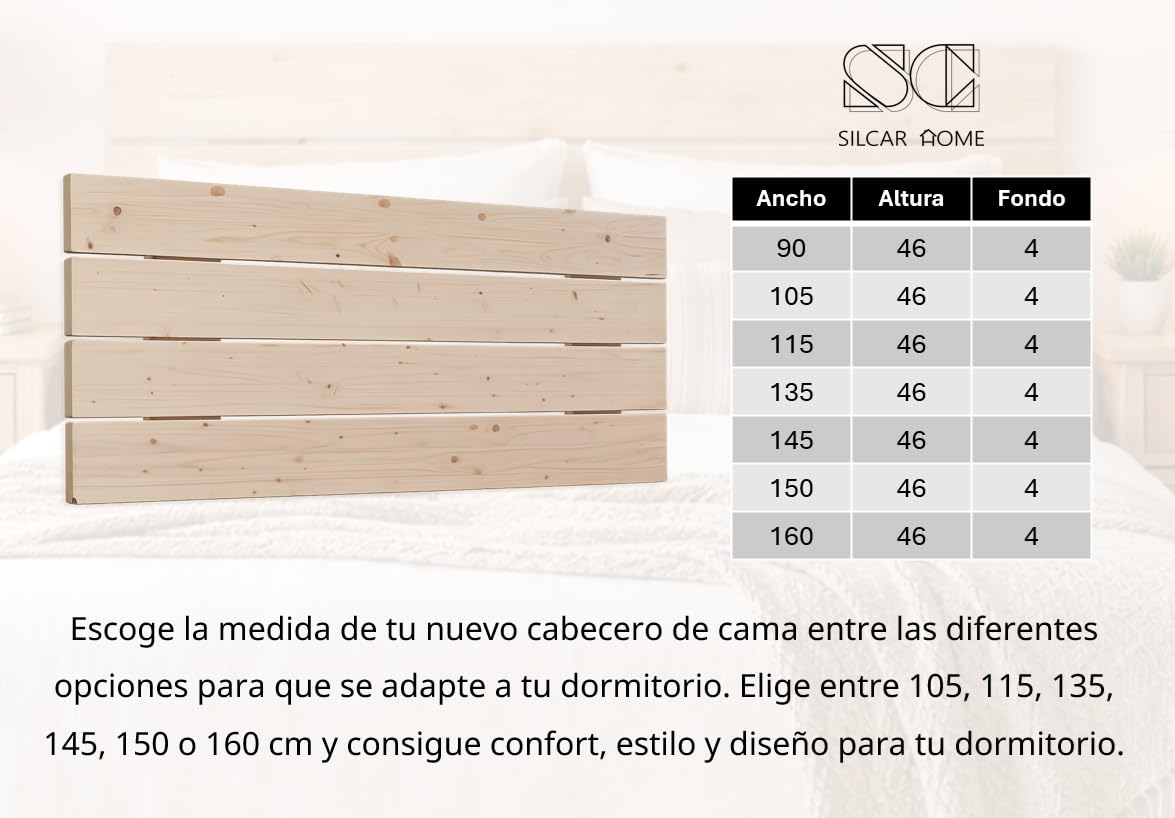 Silcar Home AVENCO - Cabecero de Cama de Madera Natural para Dormitorio - Cabecero Madera Maciza - Estilo Moderno y Sencillo - Fabricado en España (135 cm)