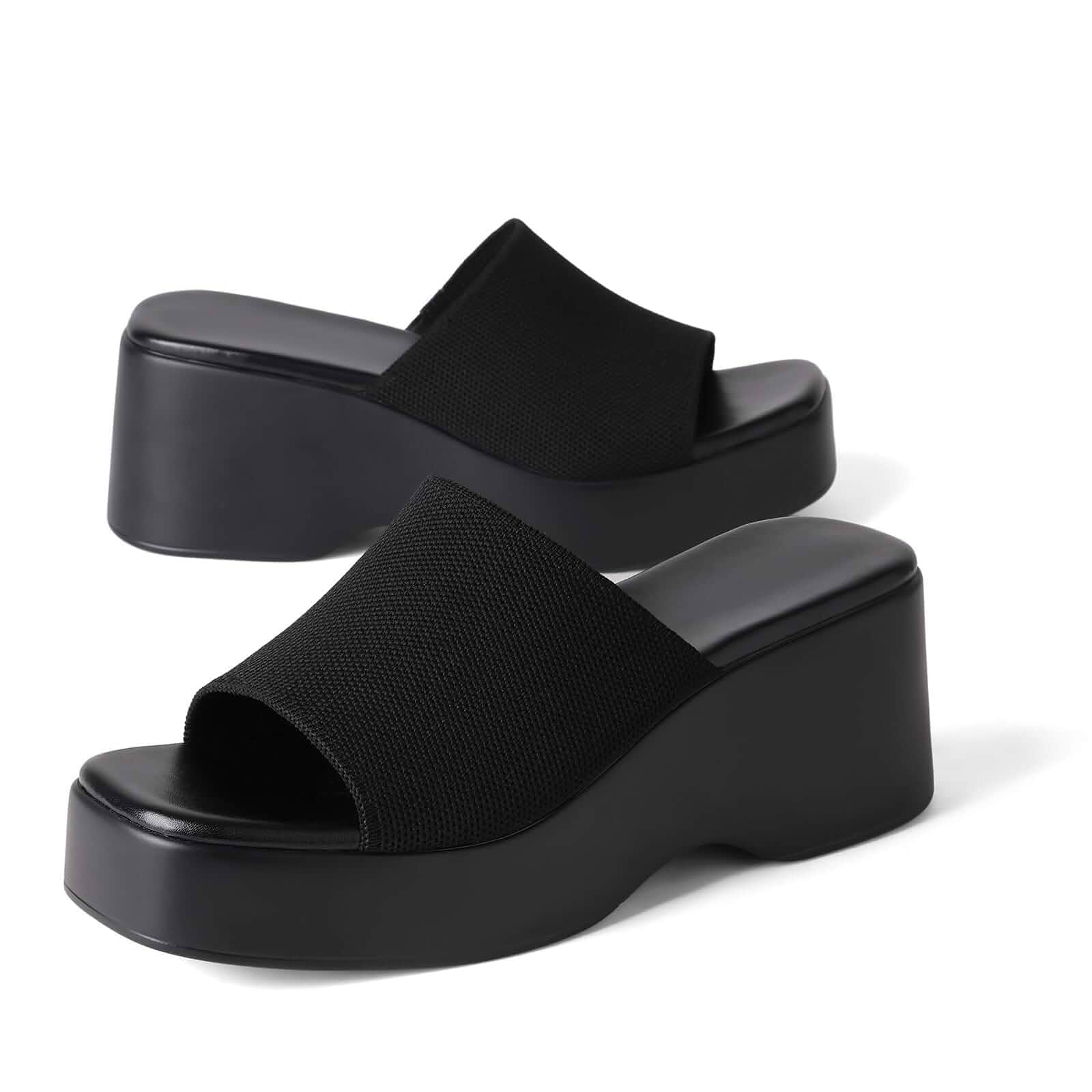 CELNEPHO Women Platform Wedge Sandals Slip On Summer Chunky Sandals 2.8'' thick wedge platform sole, stretchy firm knit fabric upper, square open toe, slip on slide design, summer beach outfits