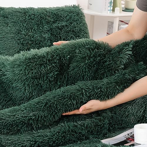 Smoofy Fluffy Queen Comforter Set, Faux Fur Comforter Set Queen Size, Luxury Fuzzy Bedding Set, Soft Shaggy Bed Set for All Season, 3 Pieces - 1 Comforter & 2 Pillowcases, Dark Green