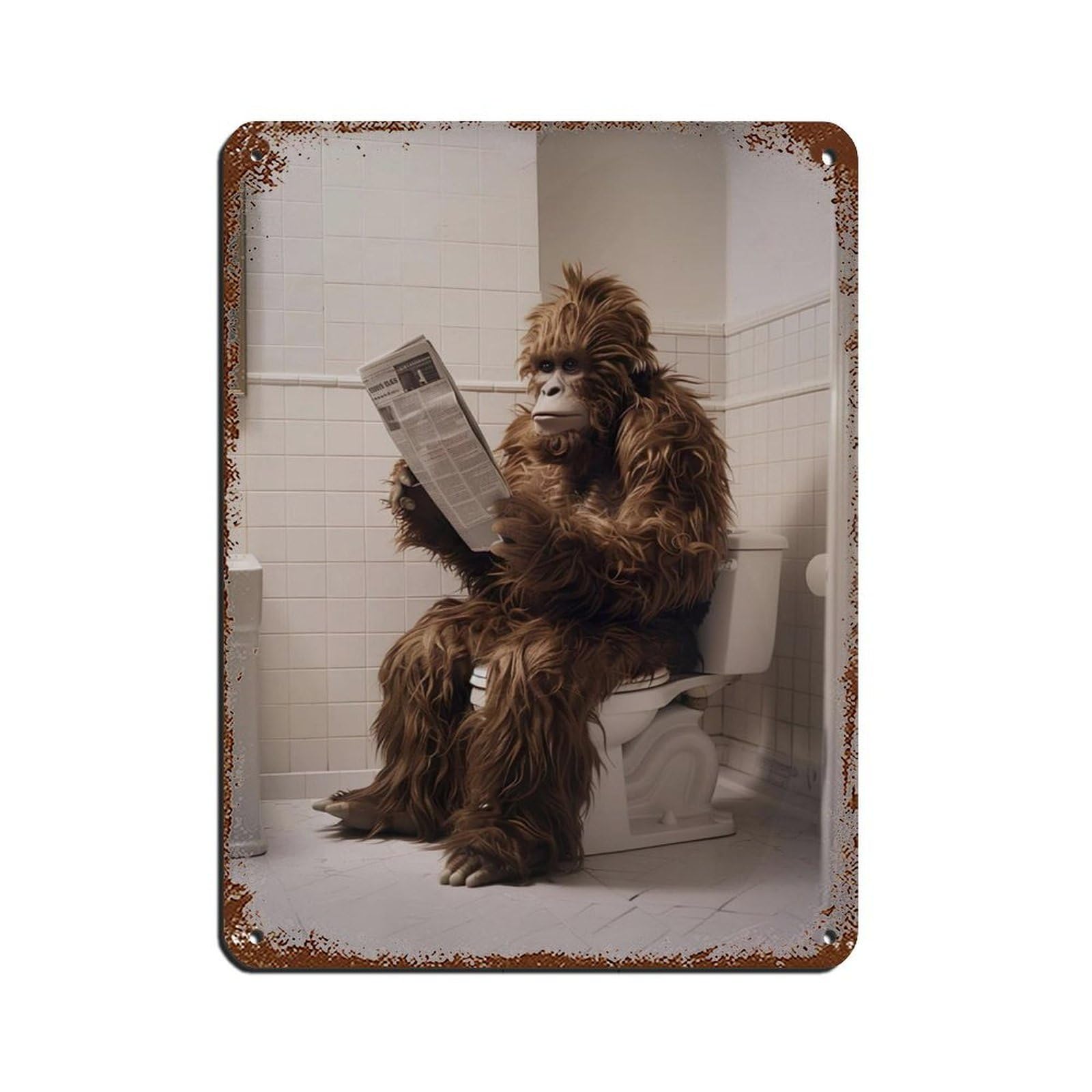Sasquatch Sitting on The Toilet Reading A Newspaper (4) Tin Sign Vintage Metal Pub Club Cafe Bar Home Wall Art Decoration Poster Retro 12x16inch(30x40cm)