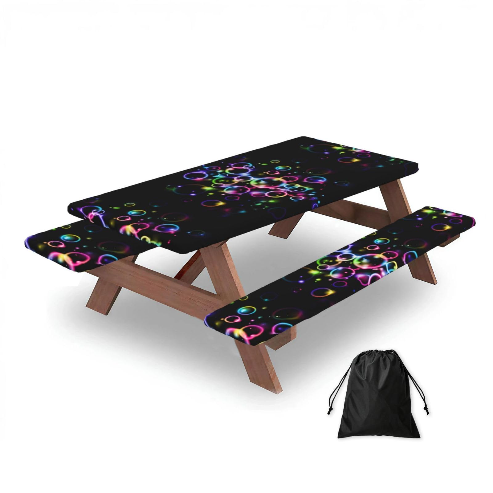 Dopklna As Picture Rainbow Bubbles, Picnic Table Cover With Bench Covers -Waterproof Elastic Fitted Tablecloth For Garden Camping Patio 76X152cm