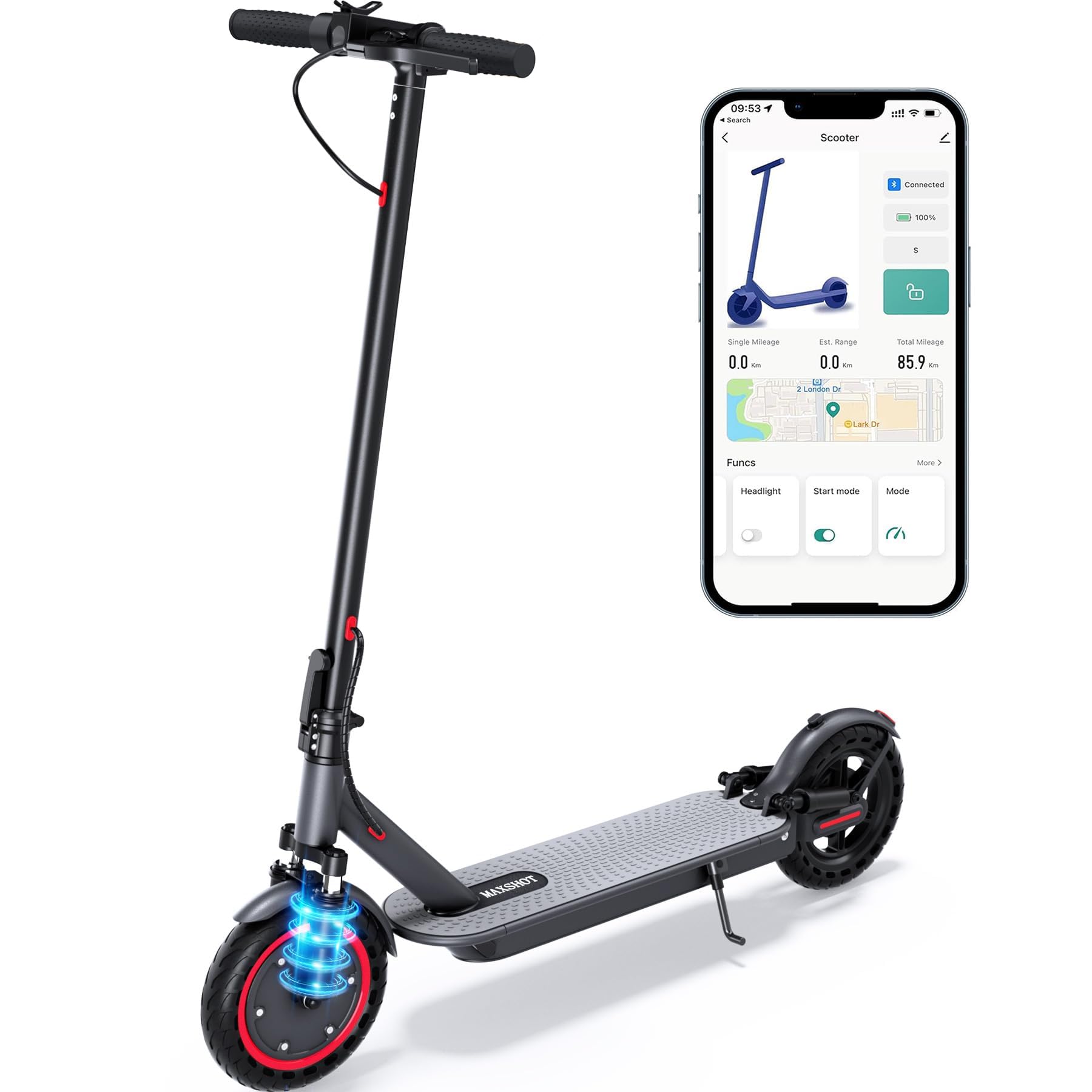 MAXSHOT Electric Scooter for Adults, 8.5/14" Tires, 19/22Mph, 350W/500W Motor, 16-28 Miles Range, Folding E-Scooter with Dual Suspension,APP Control